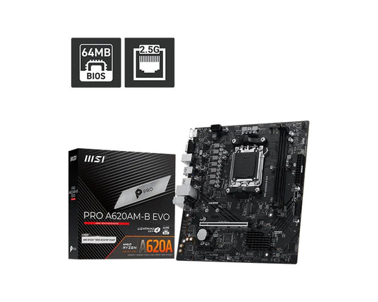MSI PRO A620AM-B EVO MSI PRO A620AM-B EVO ATX Motherboard, AM5, AMD A620A, 2xDDR5 128GB, PCIe4.0 x16, 1xM.2, 2xSATA, HDMI/VGA, 2.5G LAN, ATX