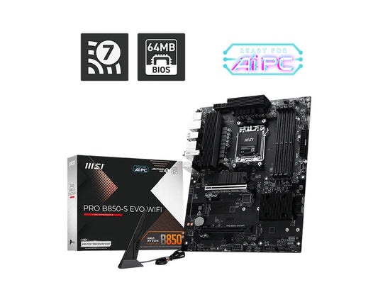 MSI PRO B850-S EVO WIFI MSI PRO B850-S EVO WIFI, AMD B850, AM5, Ryzen 9000/8000/7000, 4xDDR5 256GB 8200+MT/s OC, PCIe 5.0 x16, 3xM.2, 5G LAN, Wi-Fi 7, 3yr wty