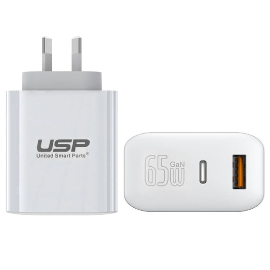 USP 65W dual port GaN wall charger in white