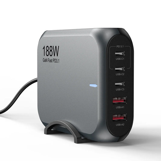 USP 188W GaN five port desktop charger with three USB-C and two USB-A ports