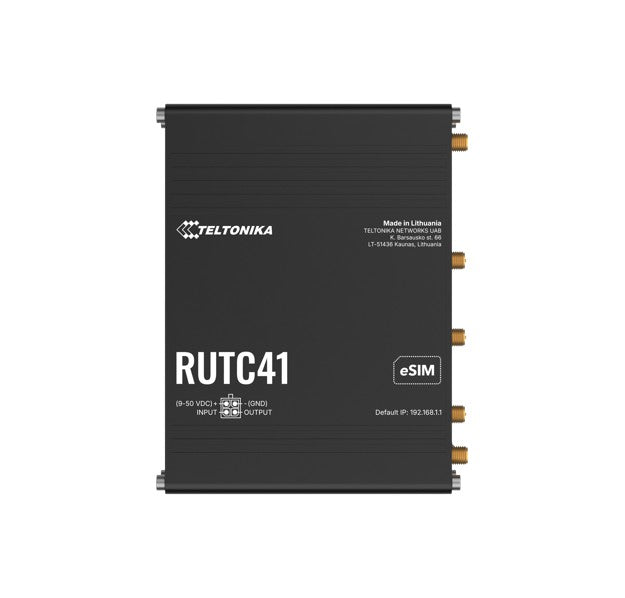 Teltonika RUTC4100AA00 Teltonika RUTC41 4G EDGE ROUTER, Dual-core, Dual-band Wi-Fi 6, 1 GB RAM, and 8 GB flash memory, eSIM, PSU included.