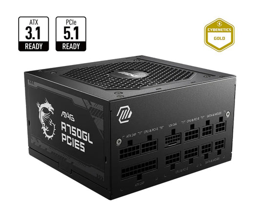 MSI MAG A750GL PCIE5 II Bulk MSI MAG A750GL PCIE5 II Bulk – 750W ATX 3.1, 80+ Gold, full modular, PCIe 5.0 16-pin, 3x PCIe 6+2, 8x SATA, FDB fan, OCP/OVP/OPP/OTP/SCP/UVP, 120mm