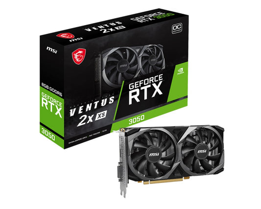MSI RTX 3050 VENTUS 2X XS 8G OC MSI nVidia Geforce RTX 3050 VENTUS 2X XS 8G OC Video Card, 1807 MHz Boost Clock, GDDR6, PCI-E 4.0, 3x DisplayPort 1.4a, 1x HDMI 2.1
